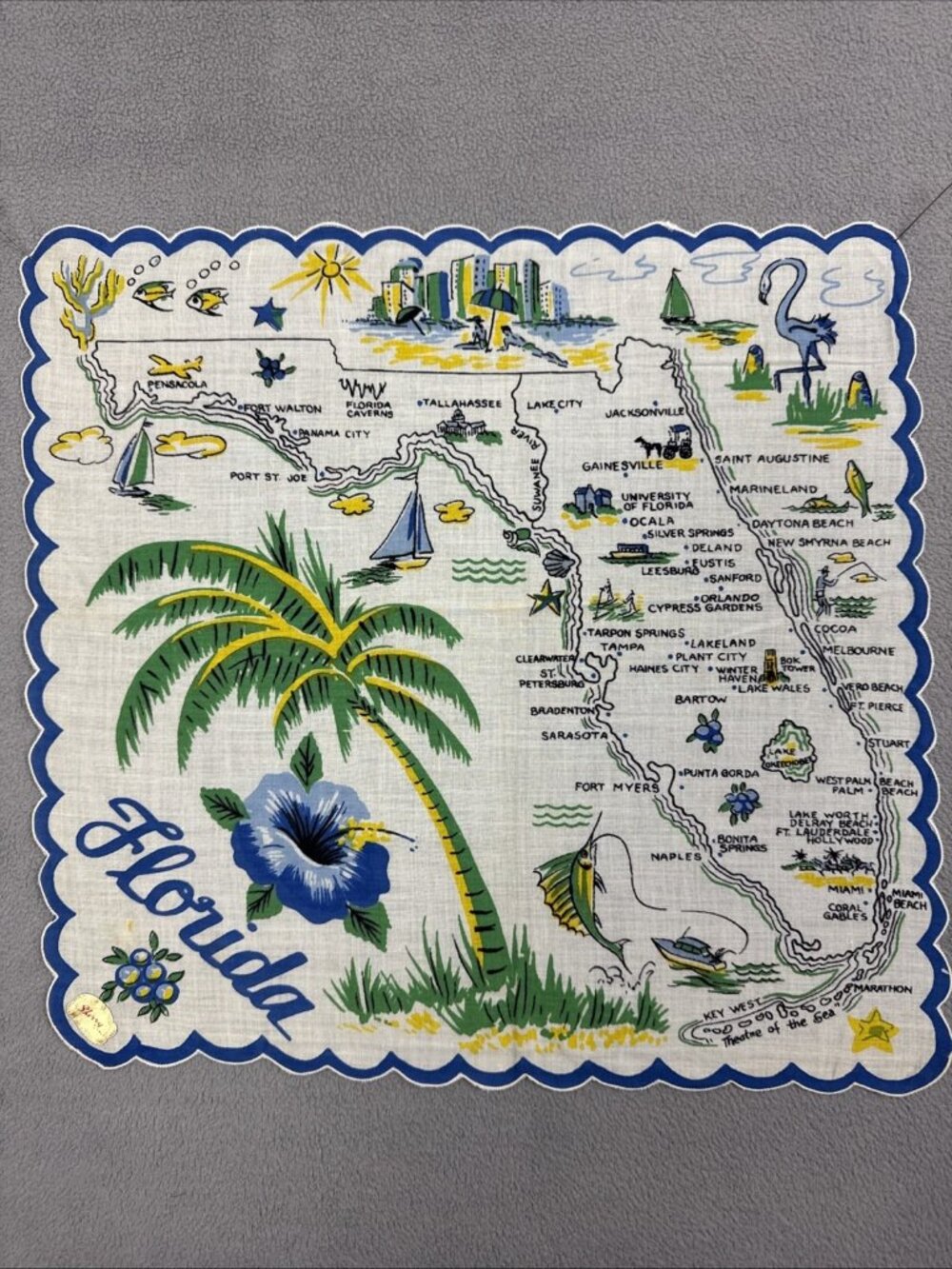 1950s Sherry of Miami Blue Hibiscus Flower Florida Map Handkerchief Palm Tree